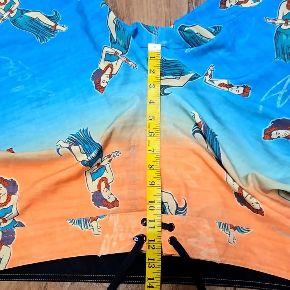 Hang Ten Hula Girl Graphic Board Shorts Orange Blue Mens 38 Swim Trunks